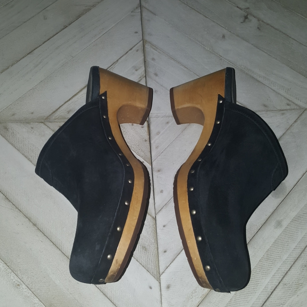 UGG Black Suede Clog Mules with Wood-Look Heel